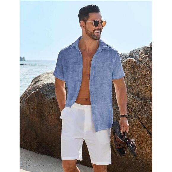 Mens Button Down Short Sleeve Shirt Casual Beach Shirt Summer Vacation - Picture 2 of 6